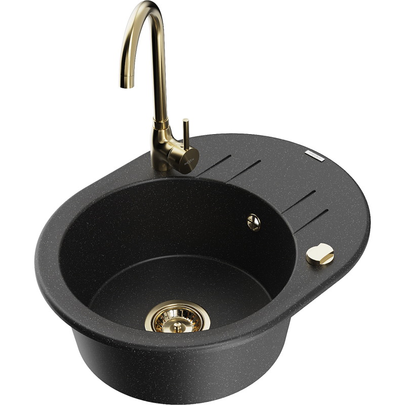 Mexen Kevin Granitspüle 1-Becken mit Abtropffläche und Küchenarmatur Telma, schwarz/silberne Metallic - 6517-73-670200-50