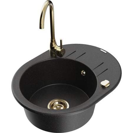 Mexen Kevin Granitspüle 1-Becken mit Abtropffläche und Küchenarmatur Telma, schwarz/silberne Metallic - 6517-73-670200-50