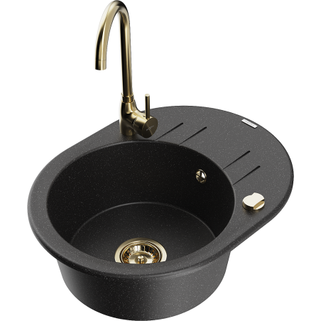 Mexen Kevin Granitspüle 1-kommerzig mit Abtropffläche und Küchenarmatur Telma, schwarz/silber metallic - 6517-73-670200-50