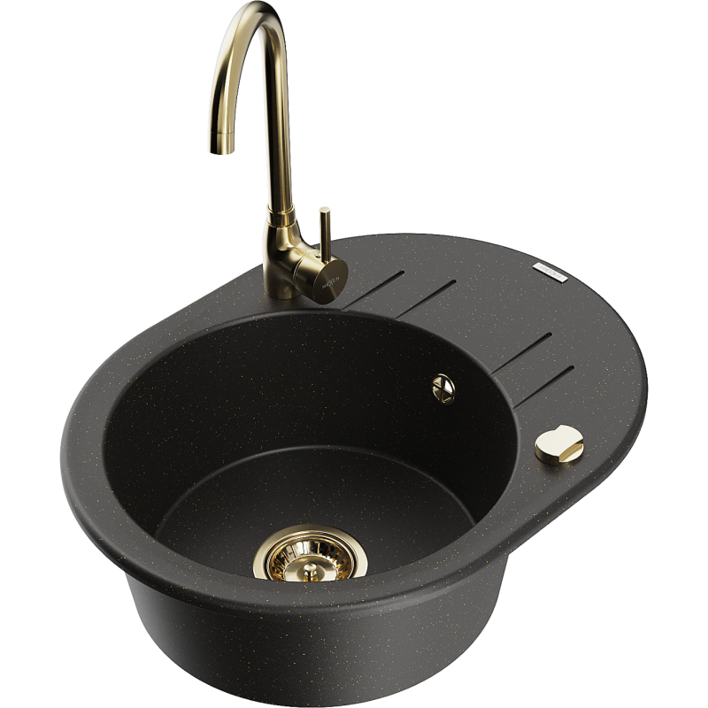 Mexen Kevin évier en granit à 1 bac avec égouttoir et robinet de cuisine Telma, noir/métallique doré - 6517-75-670200-50