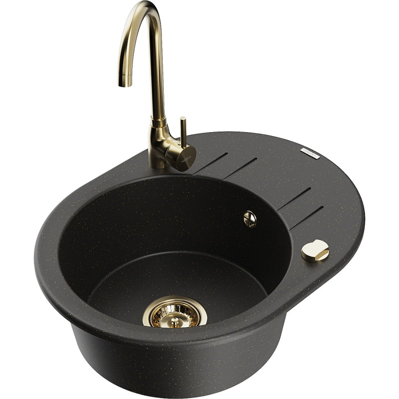 Mexen Kevin Granitspüle 1-Becken mit Abtropffläche und Küchenarmatur Telma, schwarz/goldmetallik - 6517-75-670200-50