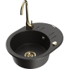 Mexen Kevin granitische gootsteen met 1 bak en afdruiprek en keukenkraan Telma, zwart/gouden metallic - 6517-75-670200-50