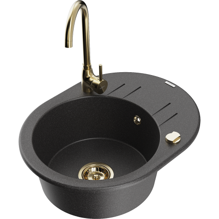 Mexen Kevin vienkameras granīta izlietne ar noteces virsmu un virtuves jaucējkrānu Telma, melns raibumains - 6517-76-670200-50