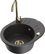 Mexen Kevin, 1-bowl granite sink with drainer and Telma kitchen tap, speckled black - 6517-76-670200-50