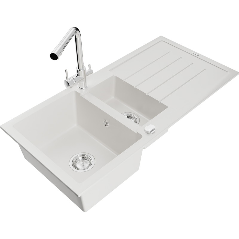 Mexen Andres granitstenen spoelbak 1,5-comprimeer met afdruiprek en keukenmengkraan Duero, wit - 6515-20-671600-00