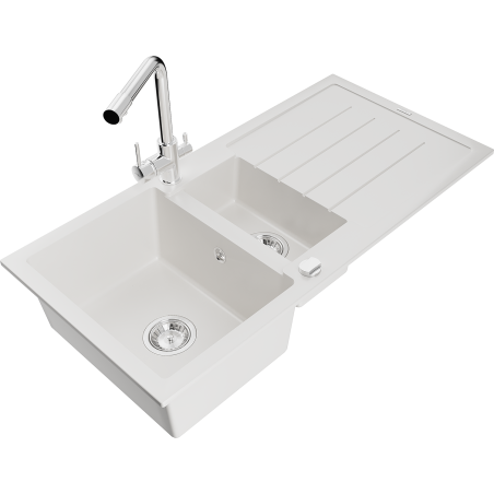 Mexen Andres fregadero de granito de 1,5 senos con escurridor y grifo de cocina Duero, blanco - 6515-20-671600-00