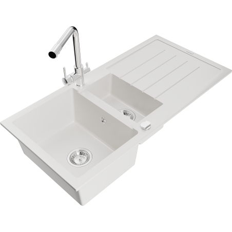 Mexen Andres granite sink 1.5-bowl with drainer and Duero kitchen tap, white - 6515-20-671600-00