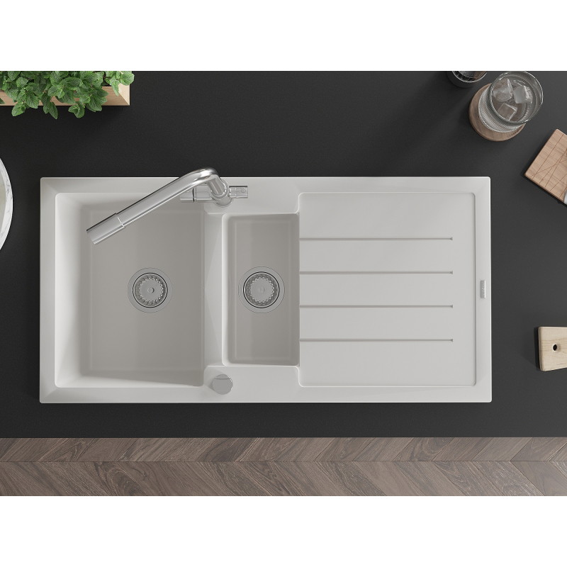 Mexen Andres granitstenen spoelbak 1,5-comprimeer met afdruiprek en keukenmengkraan Duero, wit - 6515-20-671600-00