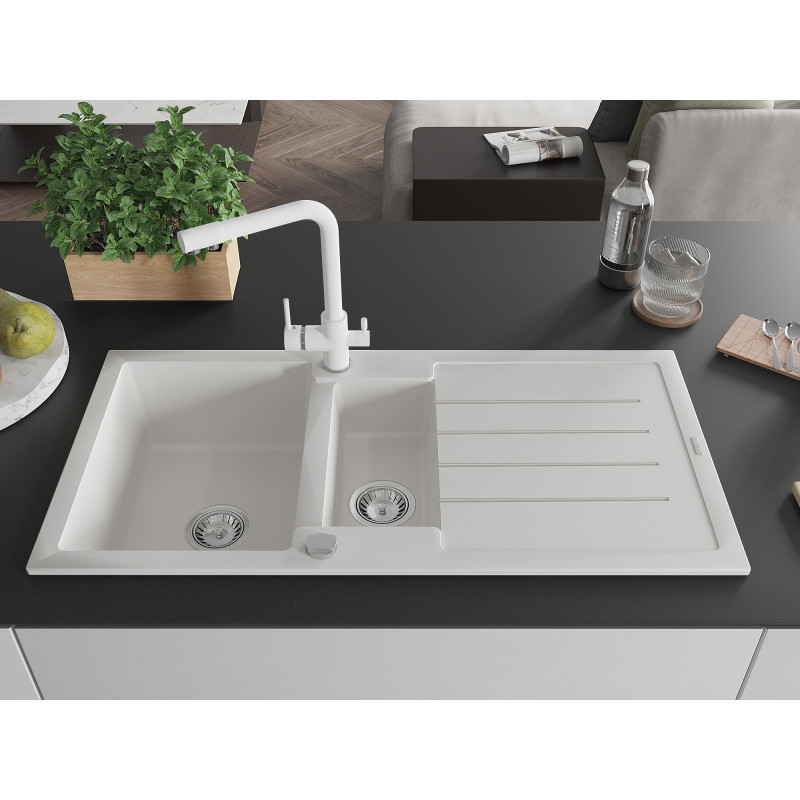 Mexen Andres fregadero de granito de 1,5 tazones con escurridor y grifo de cocina Duero, blanco - 6515-20-671600-20