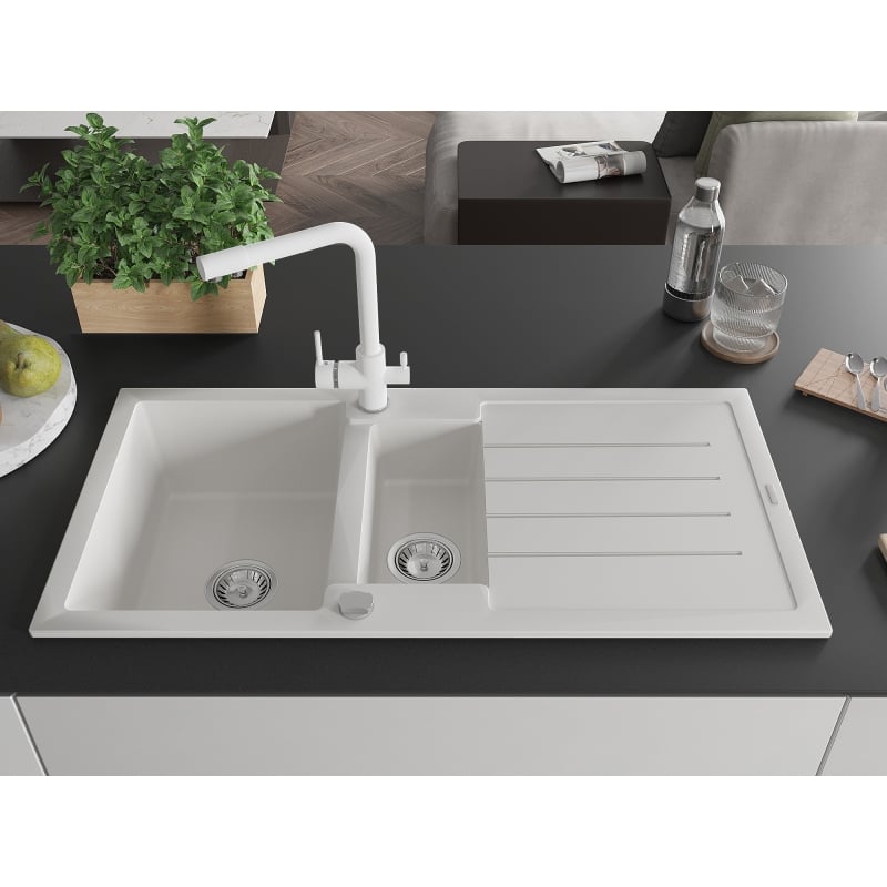 Mexen Andres granite kitchen sink 1.5-bowl with drainer and Duero kitchen faucet, white - 6515-20-671600-20