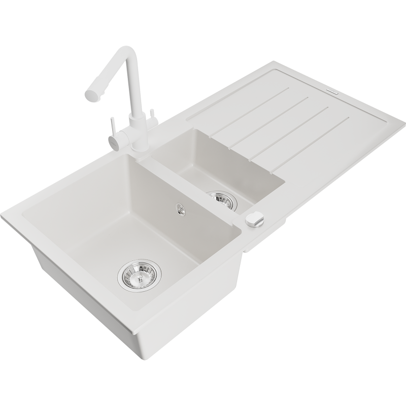 Mexen Andres 1.5-bowl granite sink with drainer and Duero kitchen tap, white - 6515-20-671600-20