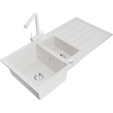 Mexen Andres granite kitchen sink 1.5-bowl with drainer and Duero kitchen faucet, white - 6515-20-671600-20