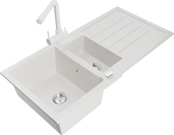 Mexen Andres fregadero de granito de 1,5 senos con escurridor y grifo de cocina Duero, blanco - 6515-20-671600-20