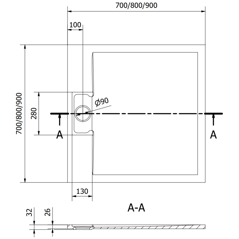 Mexen Otto brodzik prostokątny SMC 90 x 90 cm, szary - 4N619090