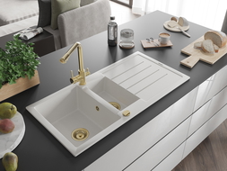 Mexen Andres granite sink 1.5-bowl with drainer and Duero kitchen tap, white - 6515-20-671600-50