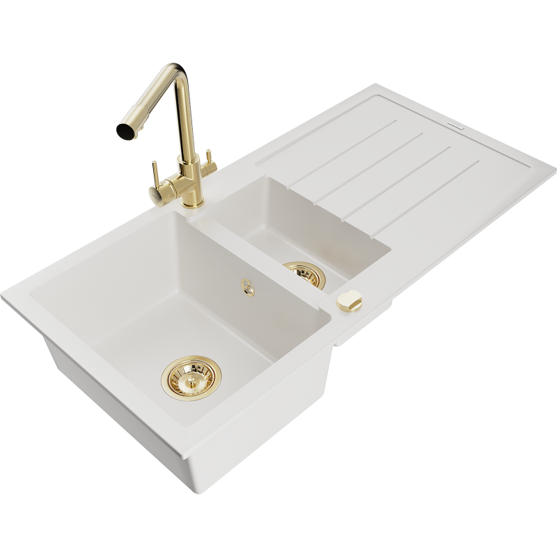 Mexen Andres graniittinen 1,5-altaainen tiskiallas kuivumistasolla ja keittiöhana Duero, valkoinen - 6515-20-671600-50