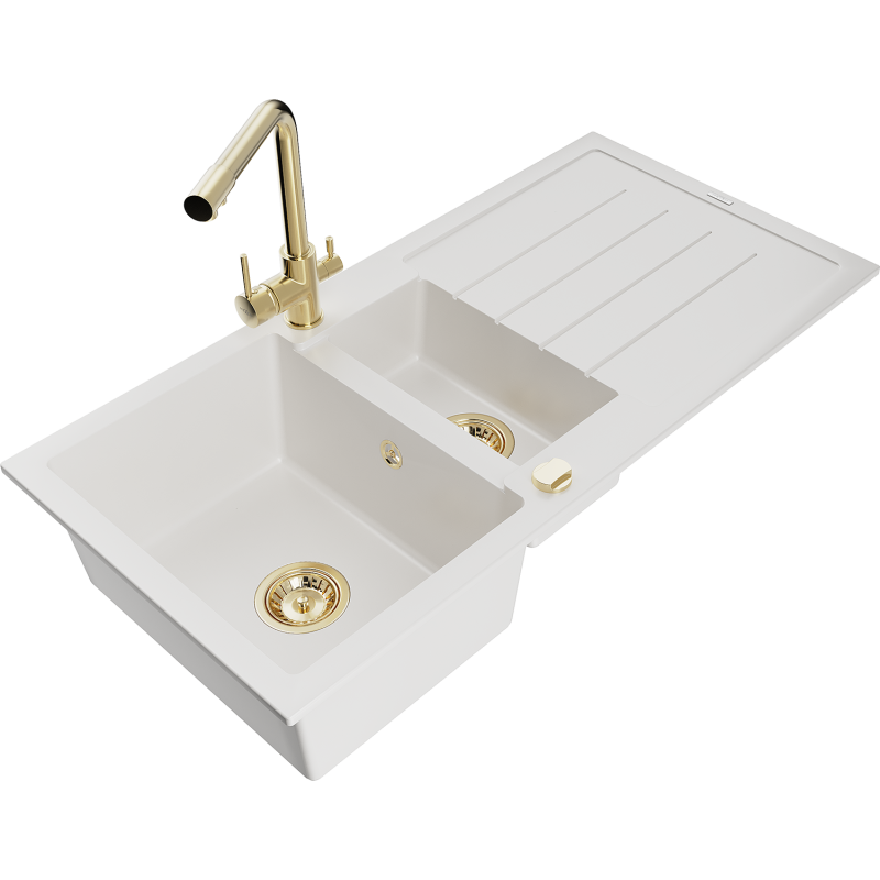 Mexen Andres granite sink 1.5-bowl with drainer and Duero kitchen tap, white - 6515-20-671600-50