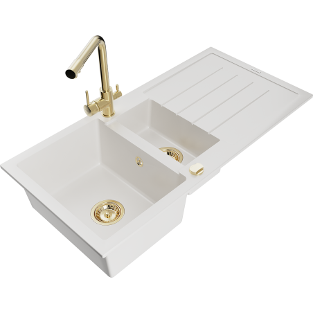 Mexen Andres granite sink 1.5-bowl with drainer and Duero kitchen tap, white - 6515-20-671600-50