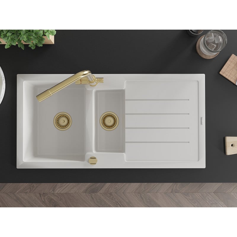 Mexen Andres fregadero de granito de 1,5 senos con escurridor y grifo de cocina Duero, blanco - 6515-20-671600-50