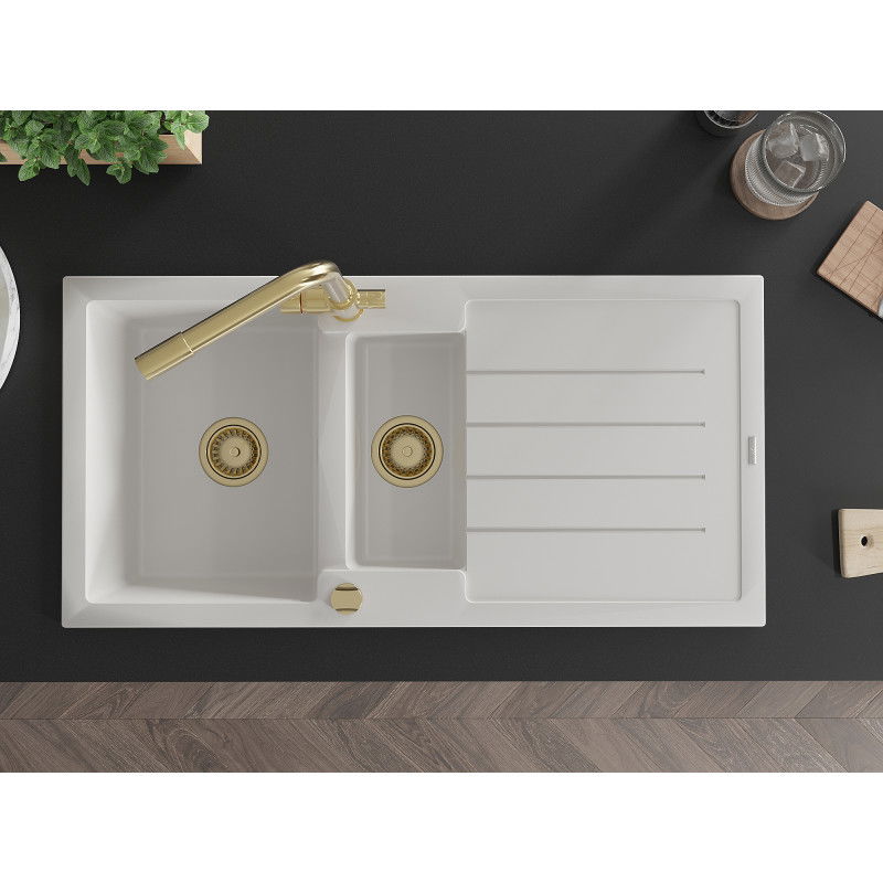 Mexen Andres granite sink 1.5-bowl with drainer and Duero kitchen tap, white - 6515-20-671600-50
