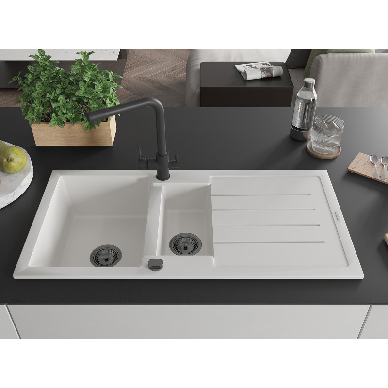 Mexen Andres fregadero de granito de 1,5 senos con escurridor y grifo de cocina Duero, blanco - 6515-20-671600-70