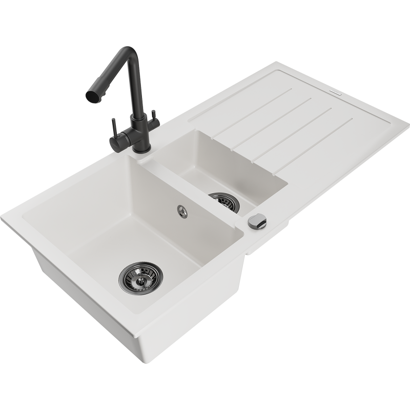 Mexen Andres granitdiskho 1,5-kammare med avrinningsyta och köksblandare Duero, vit - 6515-20-671600-70