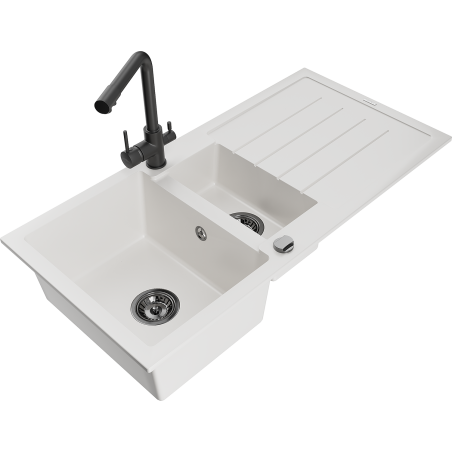 Mexen Andres 1.5-bowl granite kitchen sink with drainer and Duero tap, white - 6515-20-671600-70