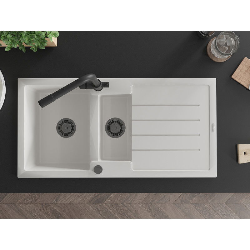 Mexen Andres 1.5-bowl granite kitchen sink with drainer and Duero tap, white - 6515-20-671600-70