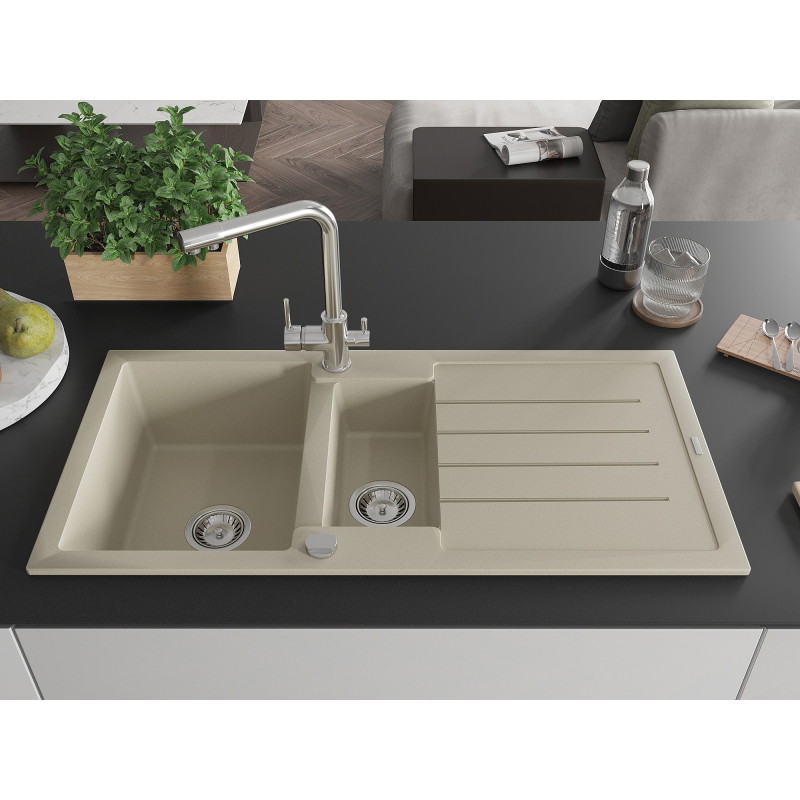 Mexen Andres 1,5-gats granieten spoelbak met afdruiprek en Duero keukenmengkraan, beige - 6515-69-671600-00