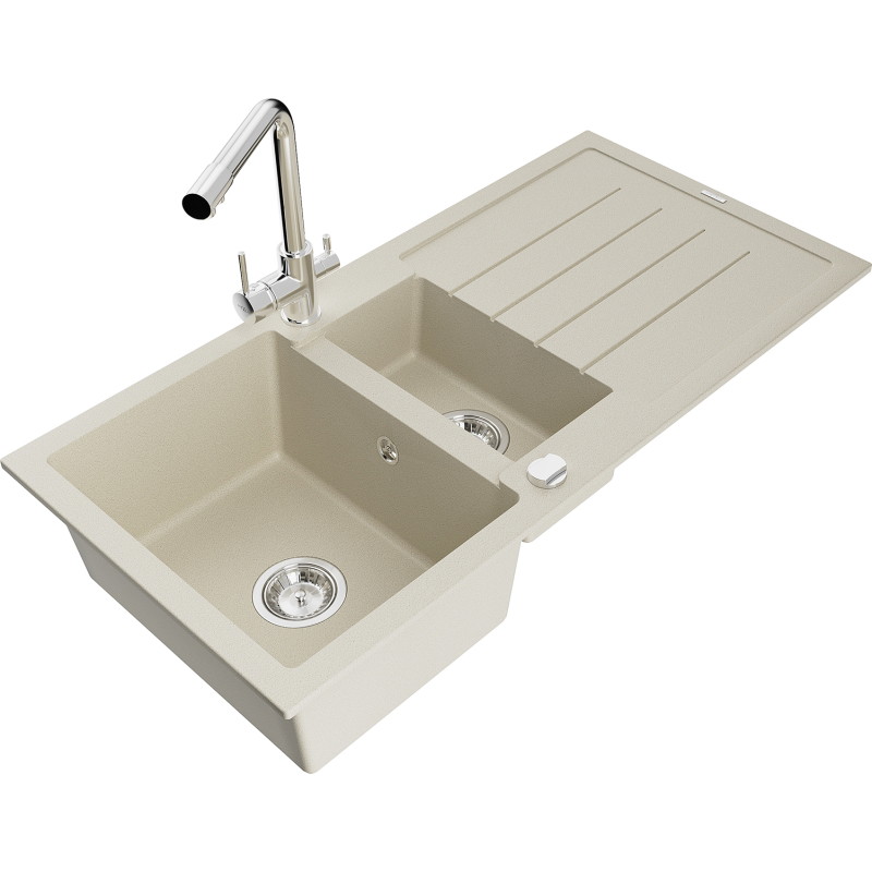Mexen Andres évier en granit 1,5 bacs avec égouttoir et robinet de cuisine Duero, beige - 6515-69-671600-00