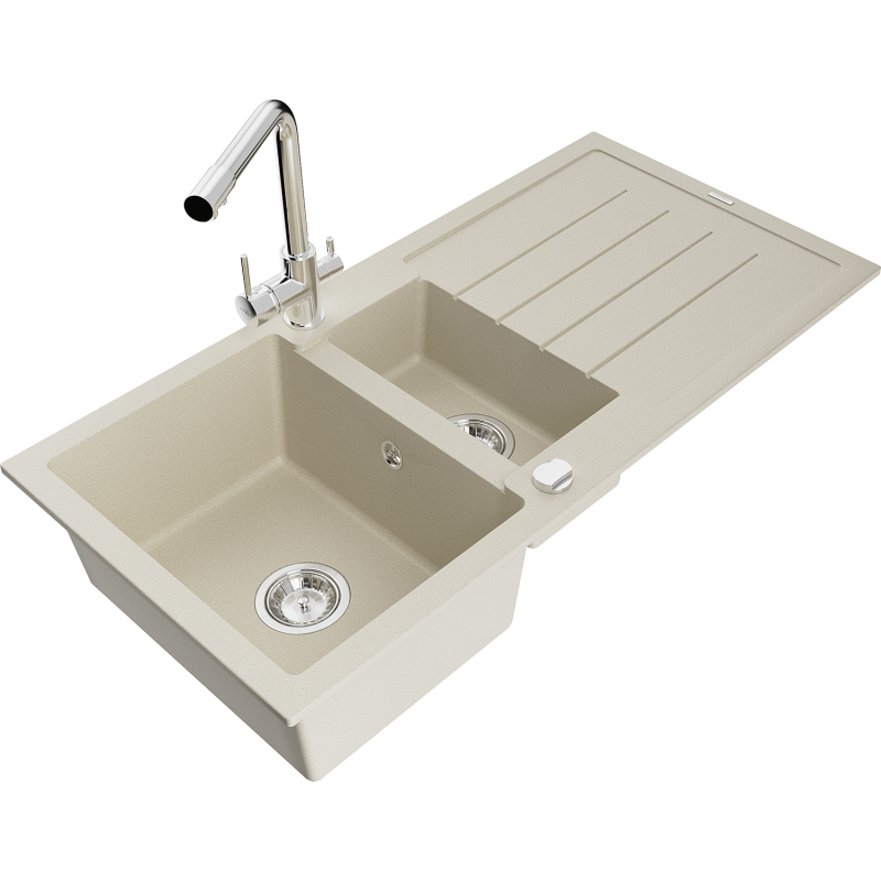 Mexen Andres fregadero de granito de 1,5 senos con escurridor y grifo de cocina Duero, beige - 6515-69-671600-00