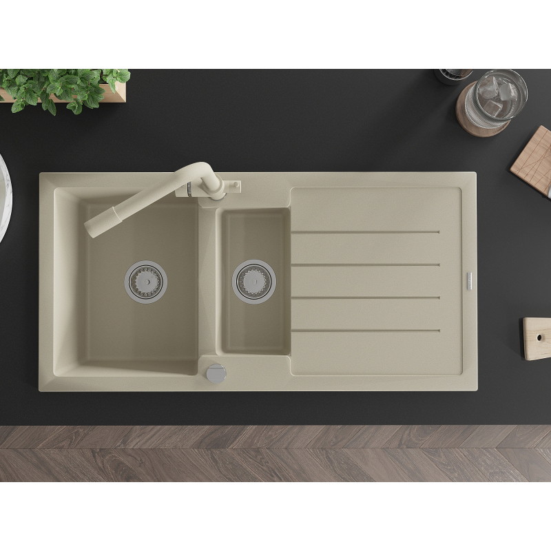 Mexen Andres granitische spoelbak 1,5-komorige met afdruiprek en keukenkraan Duero, beige - 6515-69-671600-69