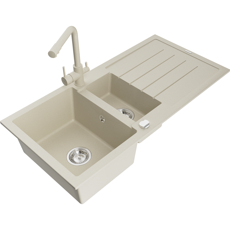 Mexen Andres fregadero de granito 1,5 senos con escurridor y grifo de cocina Duero, beige - 6515-69-671600-69