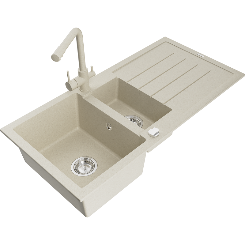 Mexen Andres Granitspüle 1,5-beckig mit Abtropffläche und Küchenarmatur Duero, beige - 6515-69-671600-69