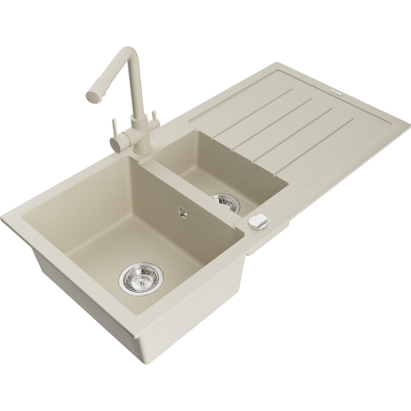 Mexen Andres 1,5-kamerige granieten gootsteen met afdruiprek en keukenmengkraan Duero, beige - 6515-69-671600-69