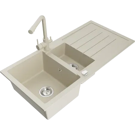 Mexen Andres granieten spoelbak met 1,5 kompartiment en afdruiprek en Duero keukenkraan, beige - 6515-69-671600-69