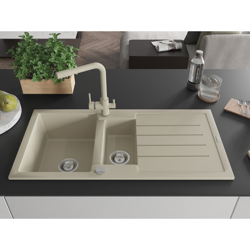 Mexen Andres granitische spoelbak 1,5-komorige met afdruiprek en keukenkraan Duero, beige - 6515-69-671600-69