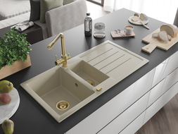 Mexen Andres 1.5-bowl granite sink with drainer and Duero kitchen tap, beige - 6515-69-671600-50