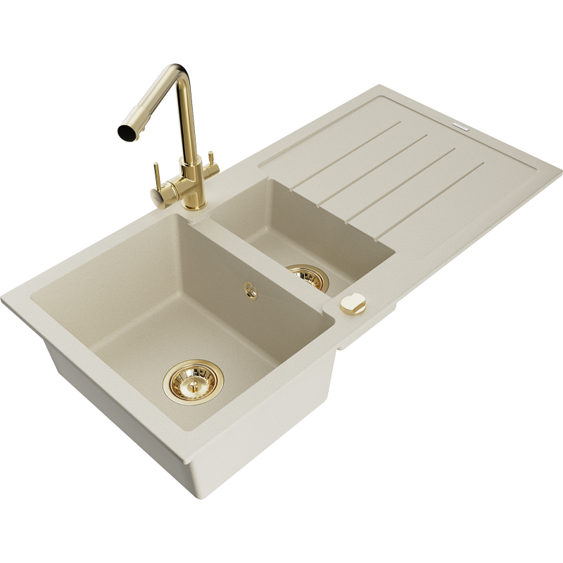 Mexen Andres fregadero de granito de 1,5 senos con escurridor y grifo de cocina Duero, beige - 6515-69-671600-50