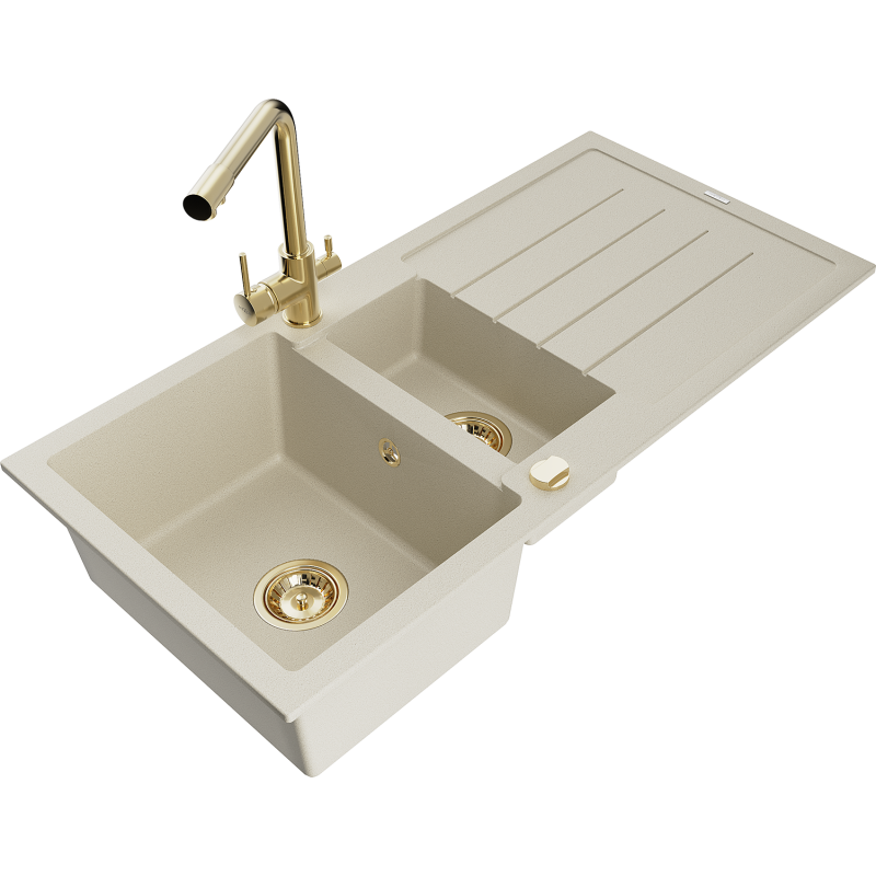Mexen Andres lavello in granito 1,5 vasca con sgocciolatoio e miscelatore cucina Duero, beige - 6515-69-671600-50