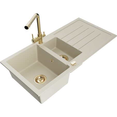 Mexen Andres 1.5-bowl granite sink with drainer and Duero kitchen tap, beige - 6515-69-671600-50