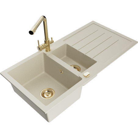 Mexen Andres fregadero de granito de 1,5 senos con escurridor y grifo de cocina Duero, beige - 6515-69-671600-50