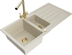 Mexen Andres 1.5-bowl granite sink with drainer and Duero kitchen tap, beige - 6515-69-671600-50