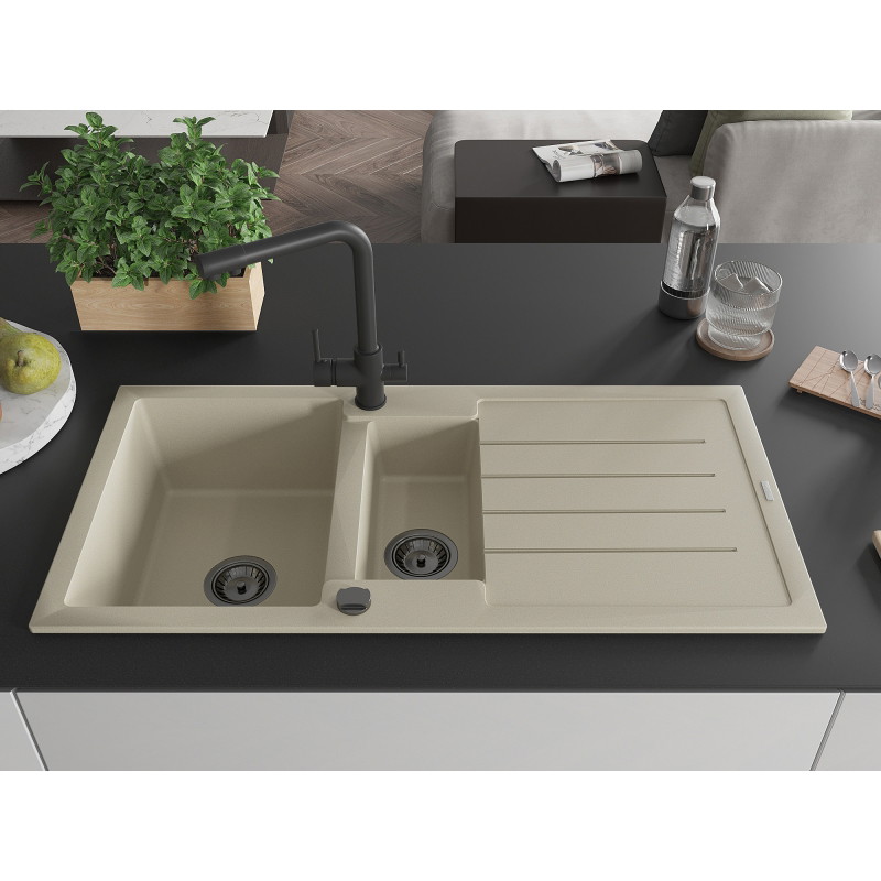 Mexen Andres granit gootsteen 1,5-komors met afdruiprek en keukenmengkraan Duero, beige - 6515-69-671600-70