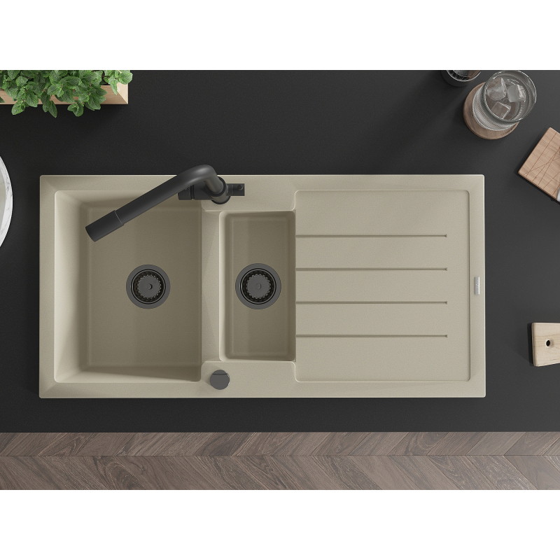 Mexen Andres granit gootsteen 1,5-komors met afdruiprek en keukenmengkraan Duero, beige - 6515-69-671600-70