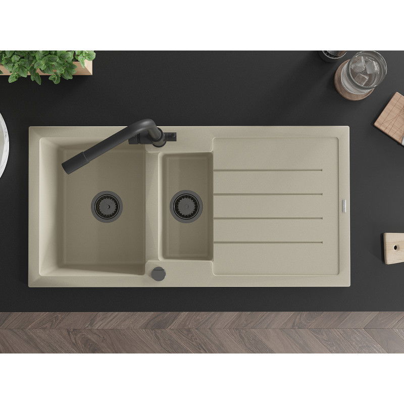 Mexen Andres lavello in granito con 1,5 vasche e scolapiatti e rubinetto da cucina Duero, beige - 6515-69-671600-70