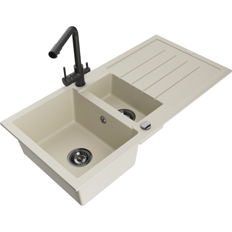 Mexen Andres fregadero de granito de 1,5 senos con escurridor y grifo de cocina Duero, beige - 6515-69-671600-70