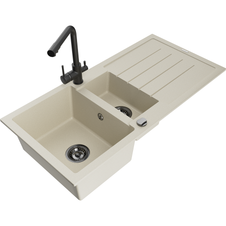 Mexen Andres granite sink 1.5-bowl with drainer and Duero kitchen tap, beige - 6515-69-671600-70