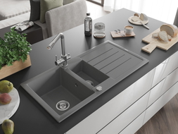 Mexen Andres 1.5-bowl granite sink with drainer and Duero kitchen faucet, gray - 6515-71-671600-00