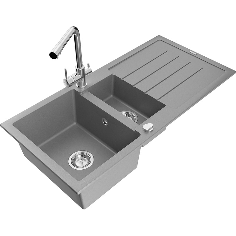 Mexen Andres fregadero de cocina de granito de 1,5 senos con escurridor y grifo Duero, gris - 6515-71-671600-00